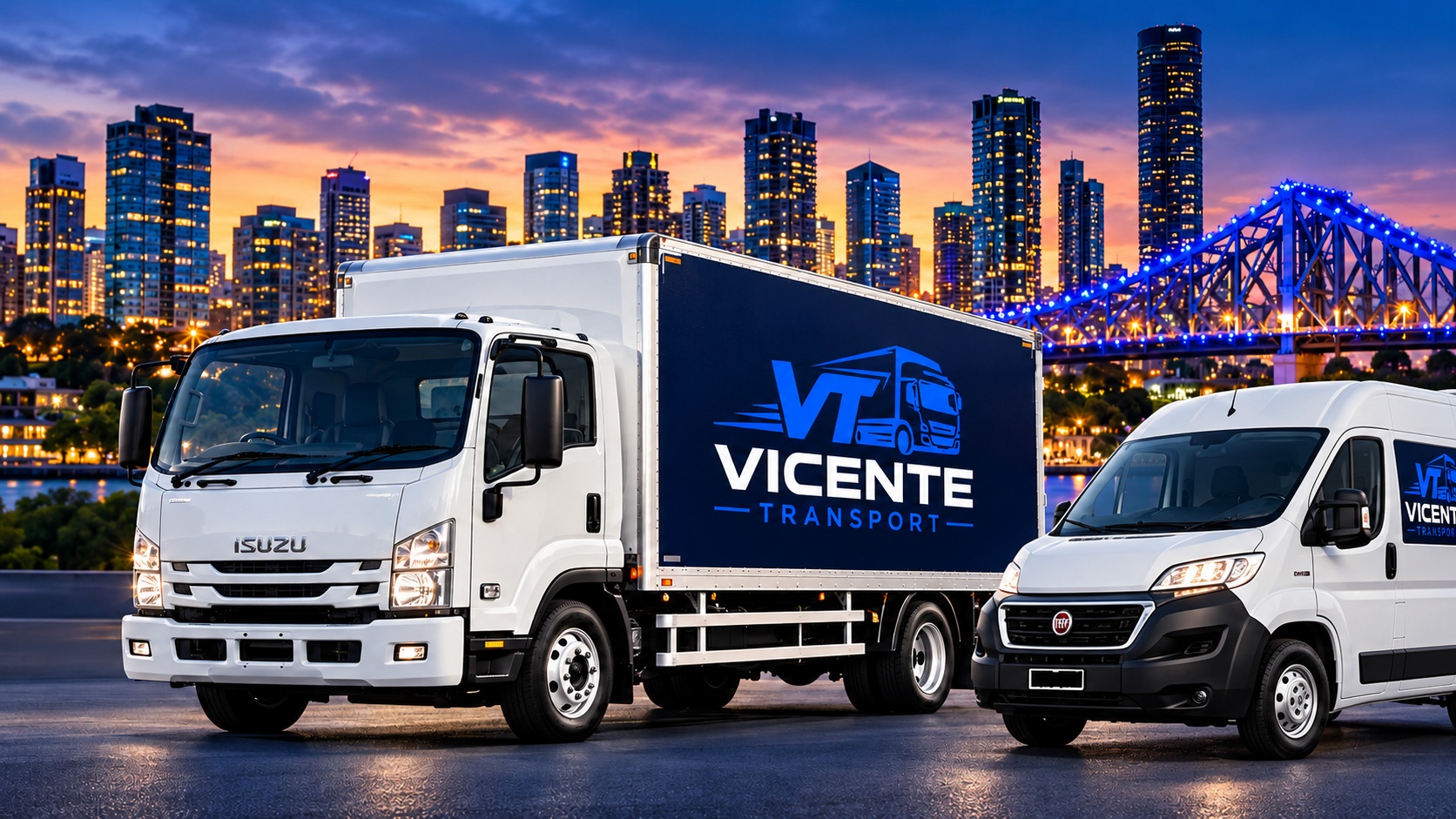 Illustration of Vicente Transport branded Isuzu truck and Fiat Ducato van in front of Brisbane skyline