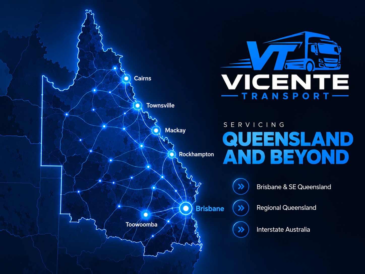 Illustrated Queensland transport network graphic, with Brisbane and regional centres marked